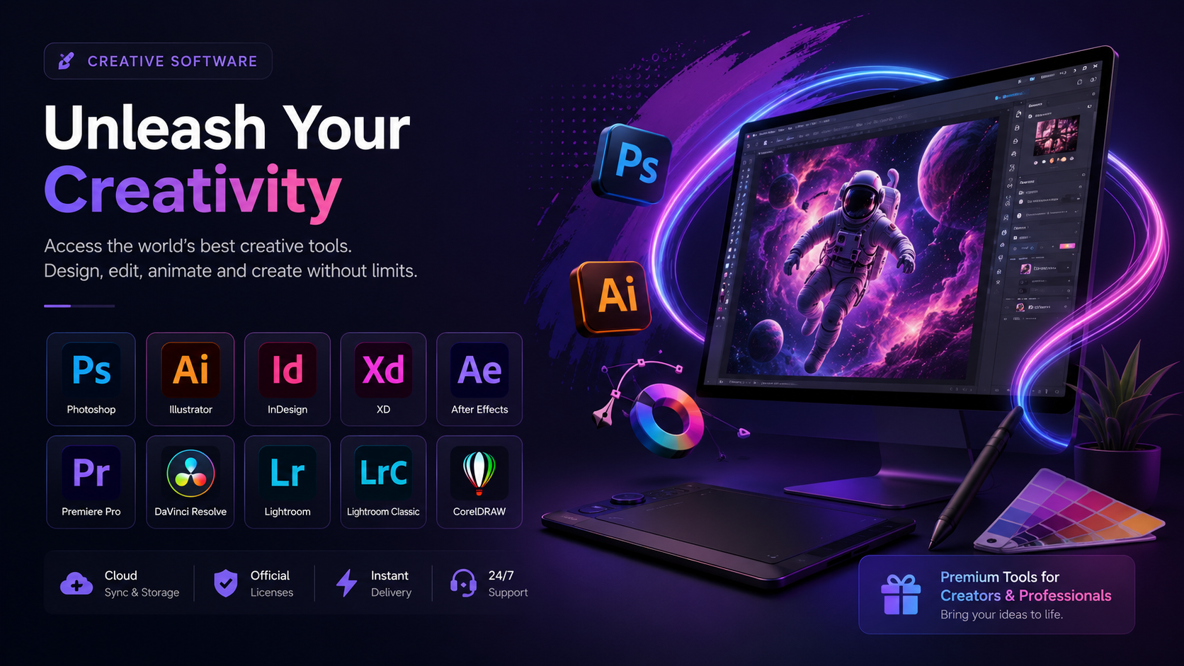 Creative software collection featuring Photoshop, Illustrator, Premiere Pro, After Effects, Lightroom, DaVinci Resolve, CorelDRAW, and professional design tools.